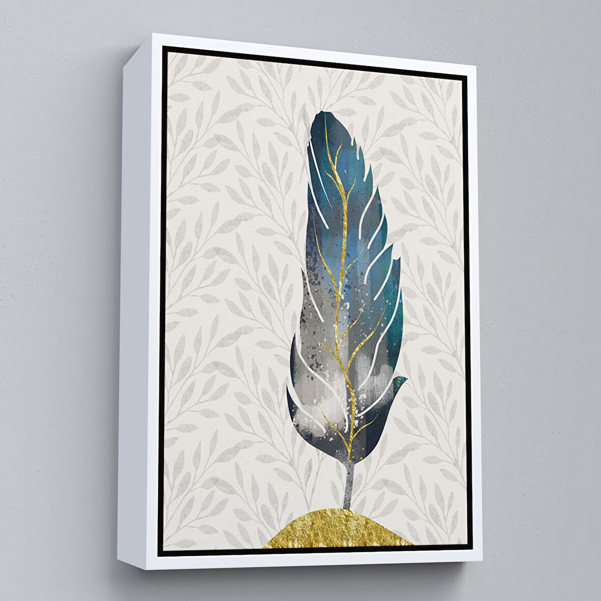 Beyaz Çerçeveli Modern Tasarım Altın Tüyler Tablosu