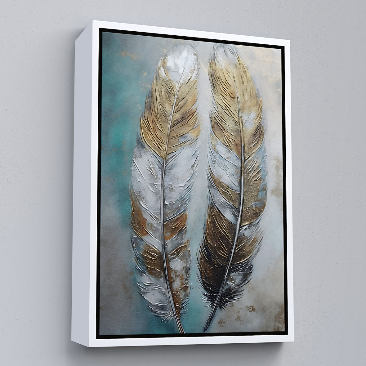 Beyaz Çerçeveli Modern Tasarım Altın Tüyler Tablosu