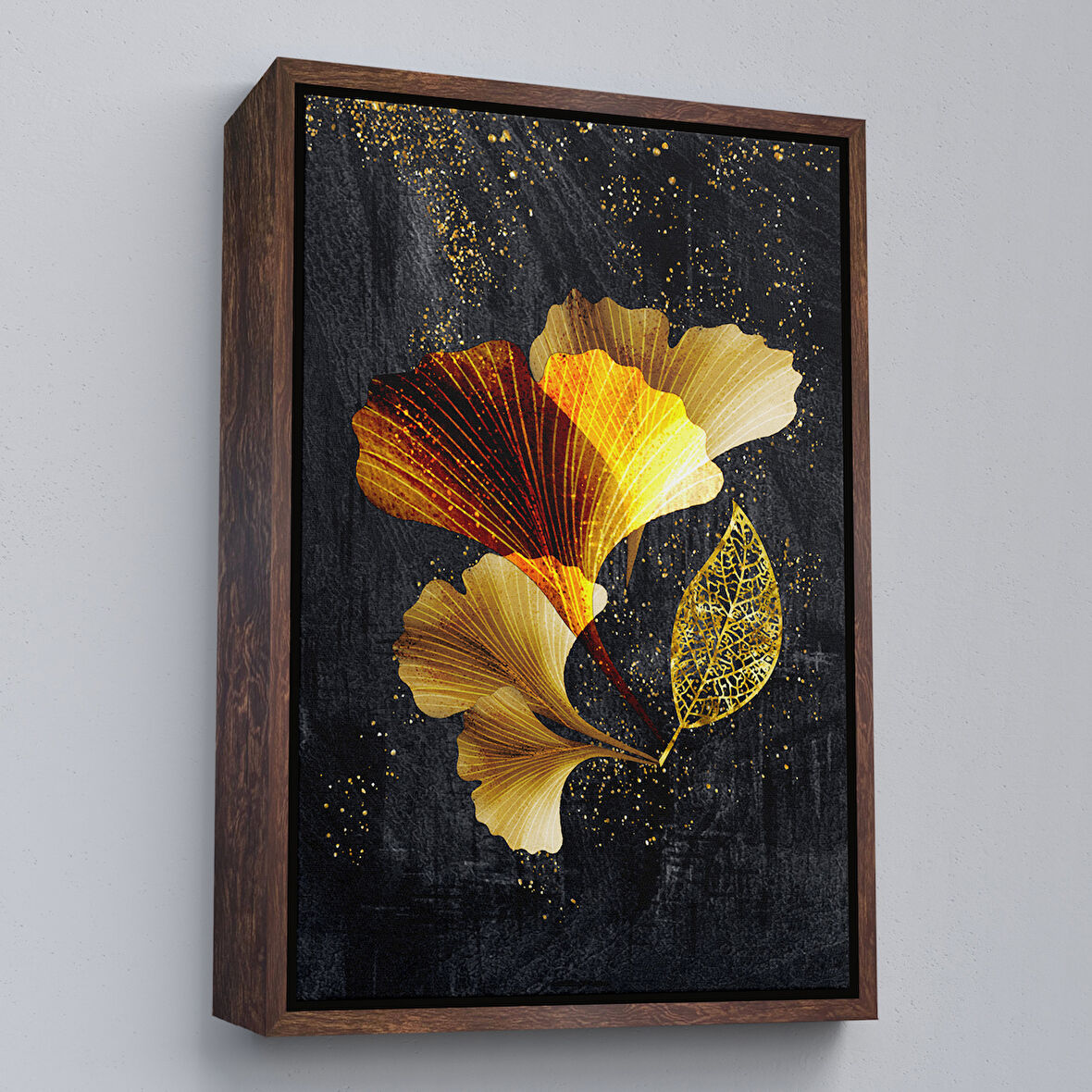 Kahverengi Çerçeveli Modern Tasarım Altın Yapraklar Tablosu