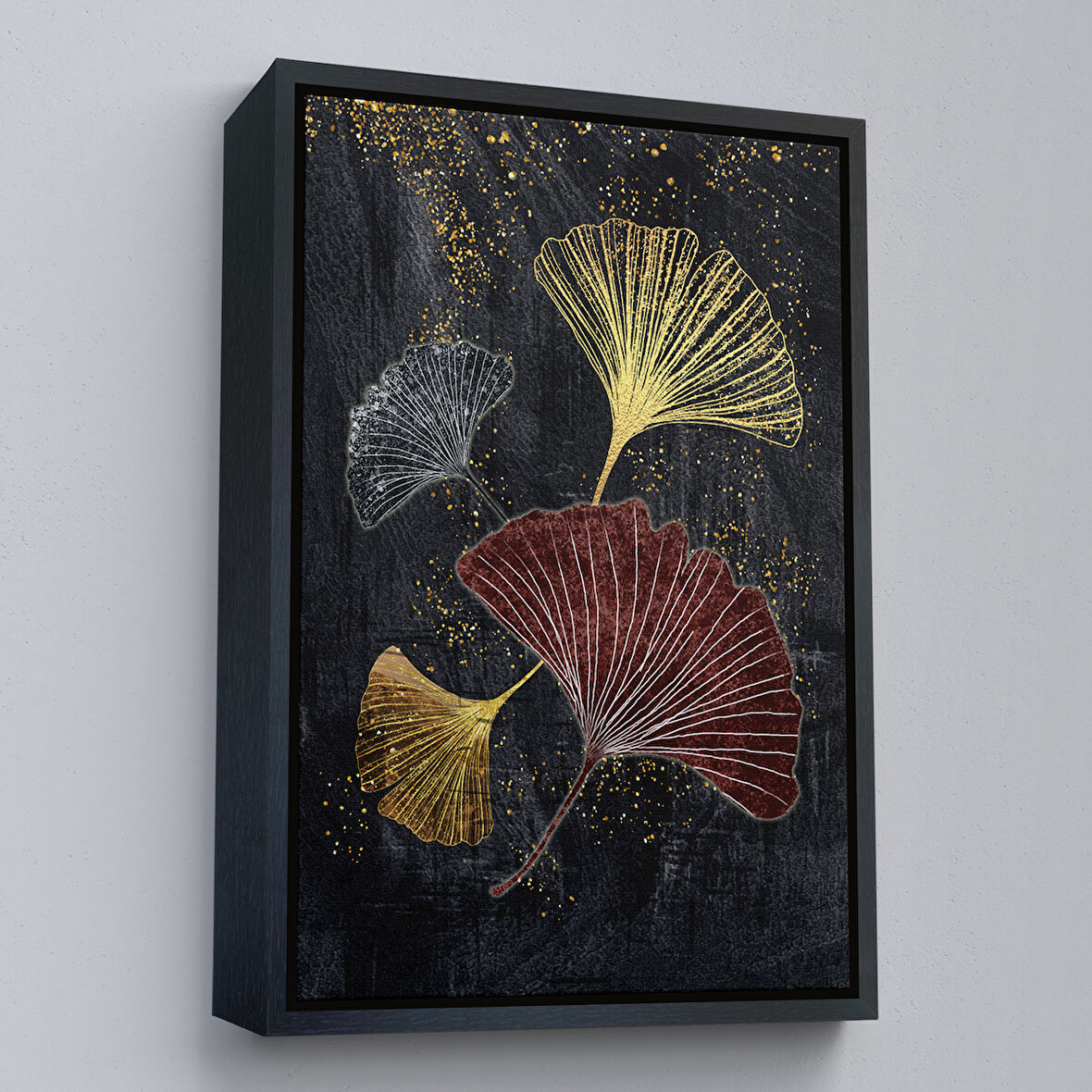 Siyah Çerçeveli Modern Tasarım Altın Yapraklar Tablosu