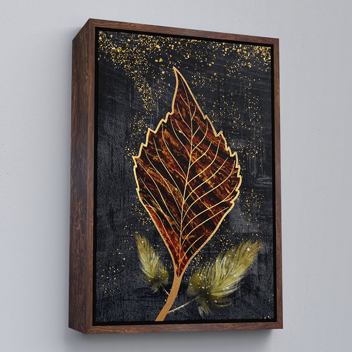Kahverengi Çerçeveli Modern Tasarım Altın Yapraklar Tablosu