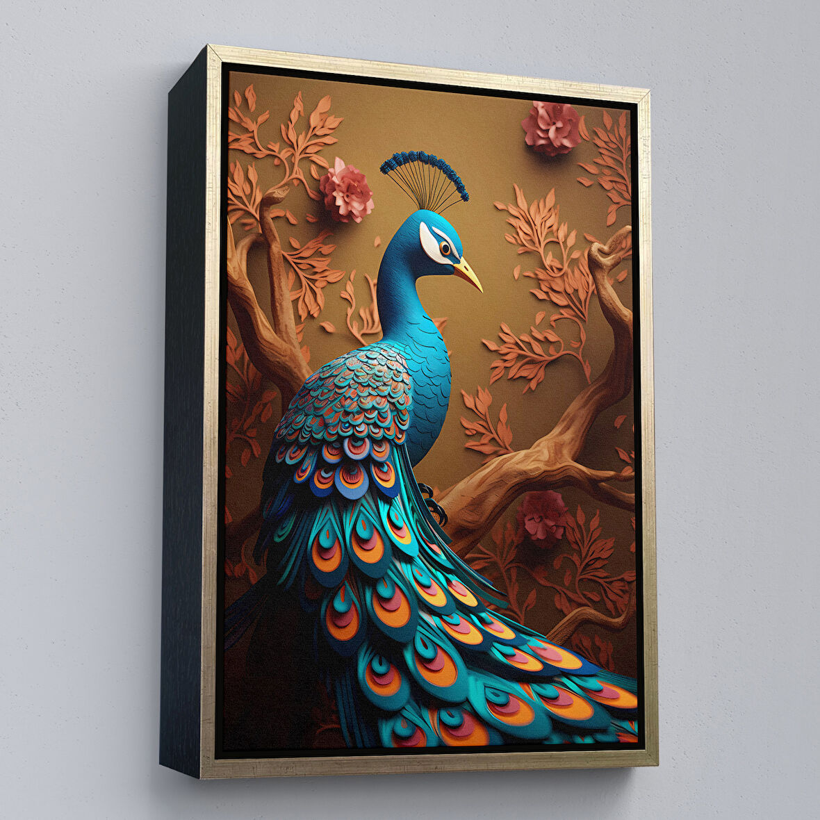 Altın Çerçeveli Modern Tavus KuşuTablosu