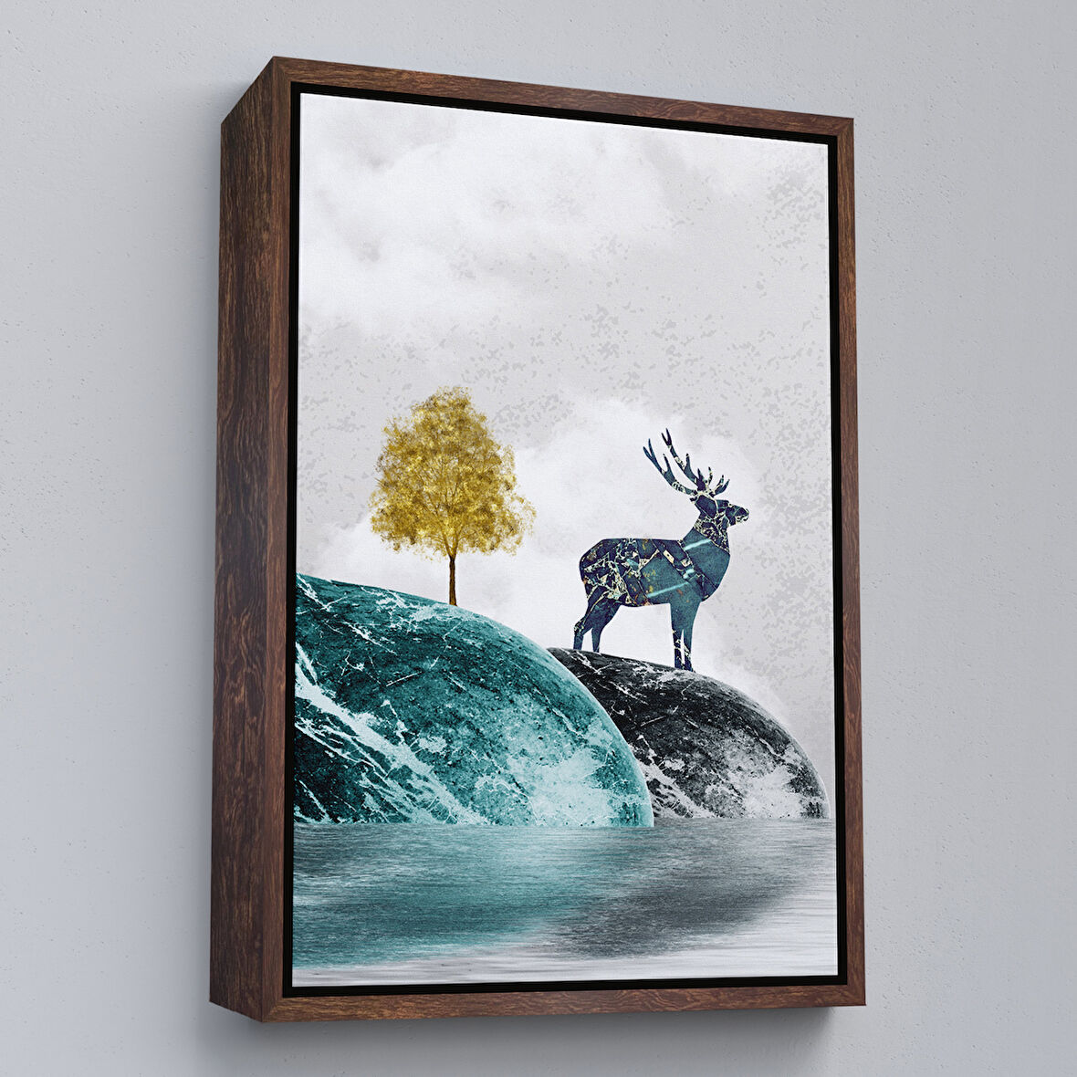 Kahverengi Çerçeveli Modern Tasarım Altın Geyik Tablosu
