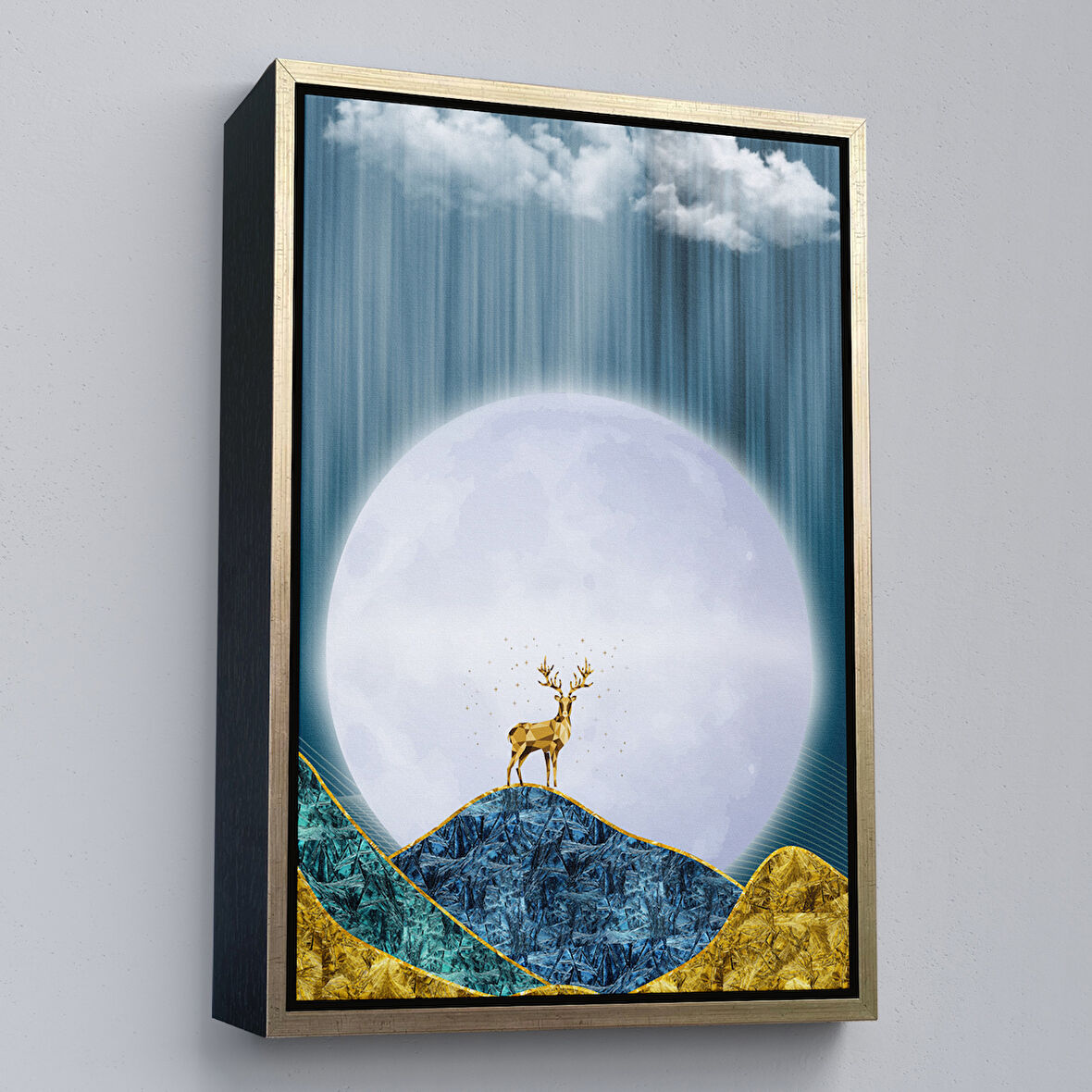 Altın Çerçeveli Modern Tasarım Altın Geyik Tablosu