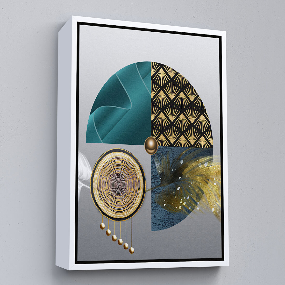 Beyaz Çerçeveli Modern Geometrik Dairelerden ve Geyikler Tablosu