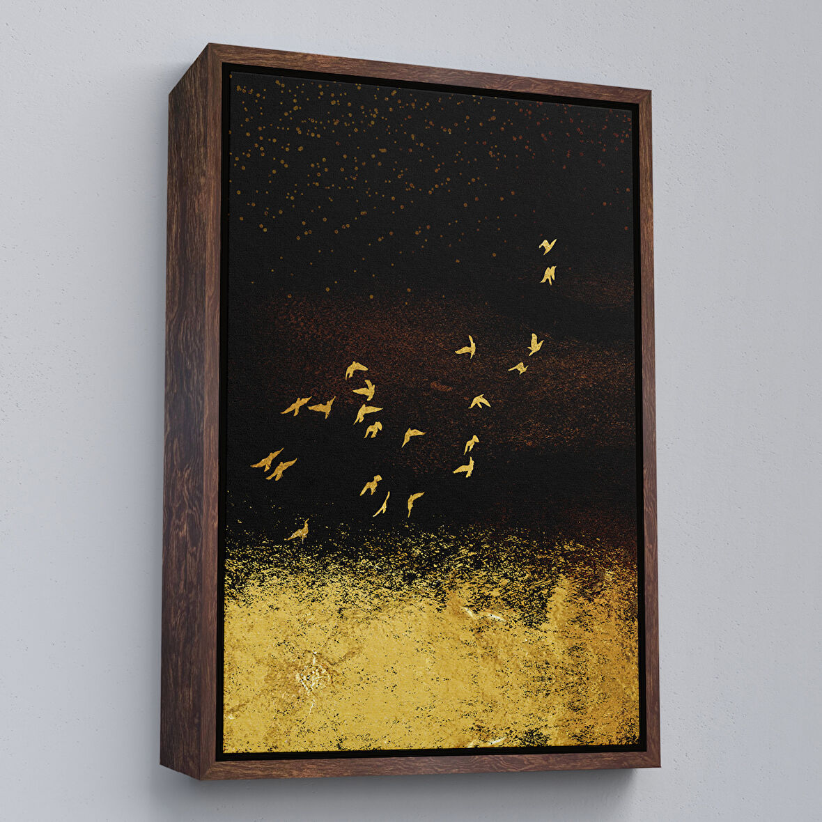 Kahverengi Çerçeveli Altın Kuşlar Manzara Tablosu