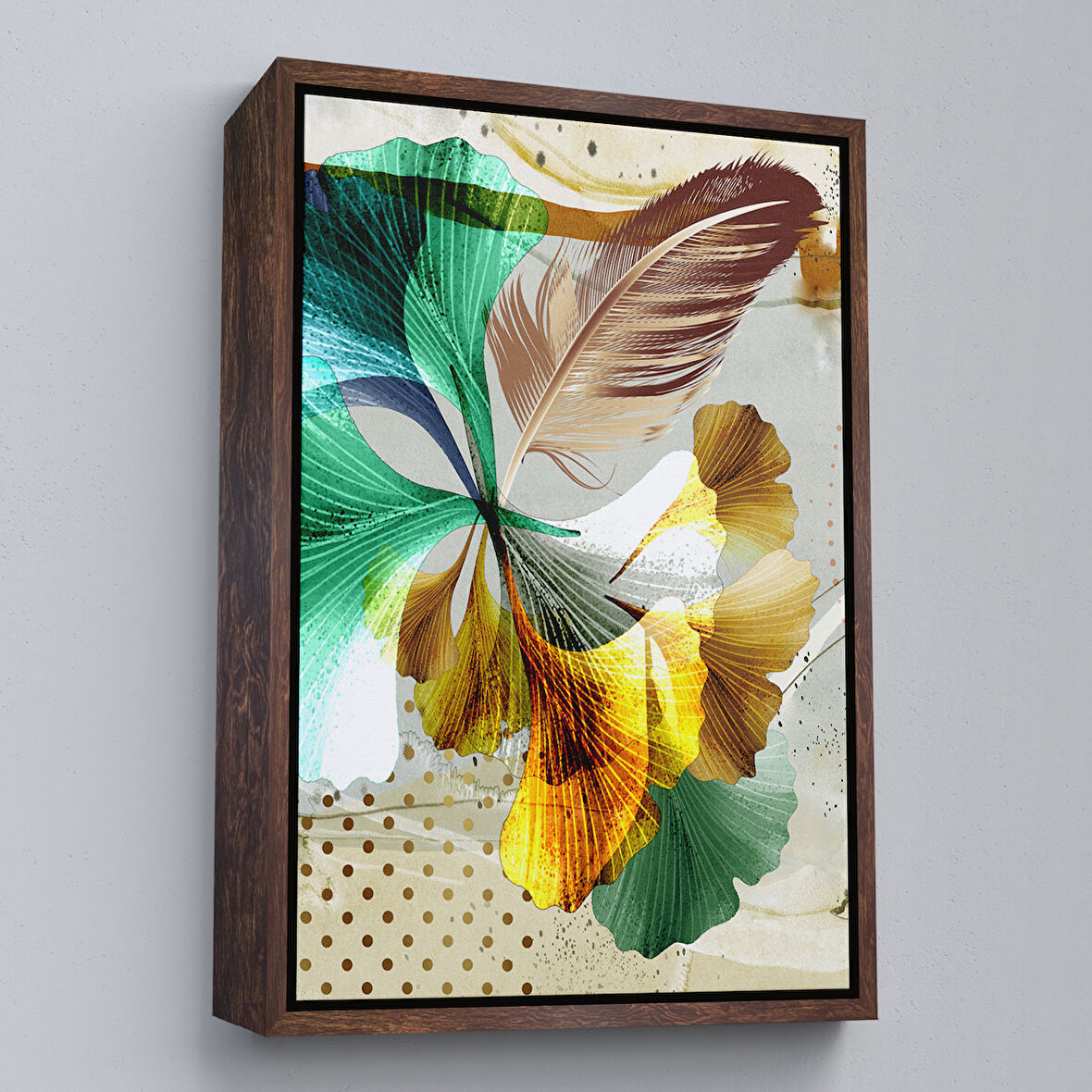 Kahverengi Çerçeveli Modern Altın Yapraklar Tablosu