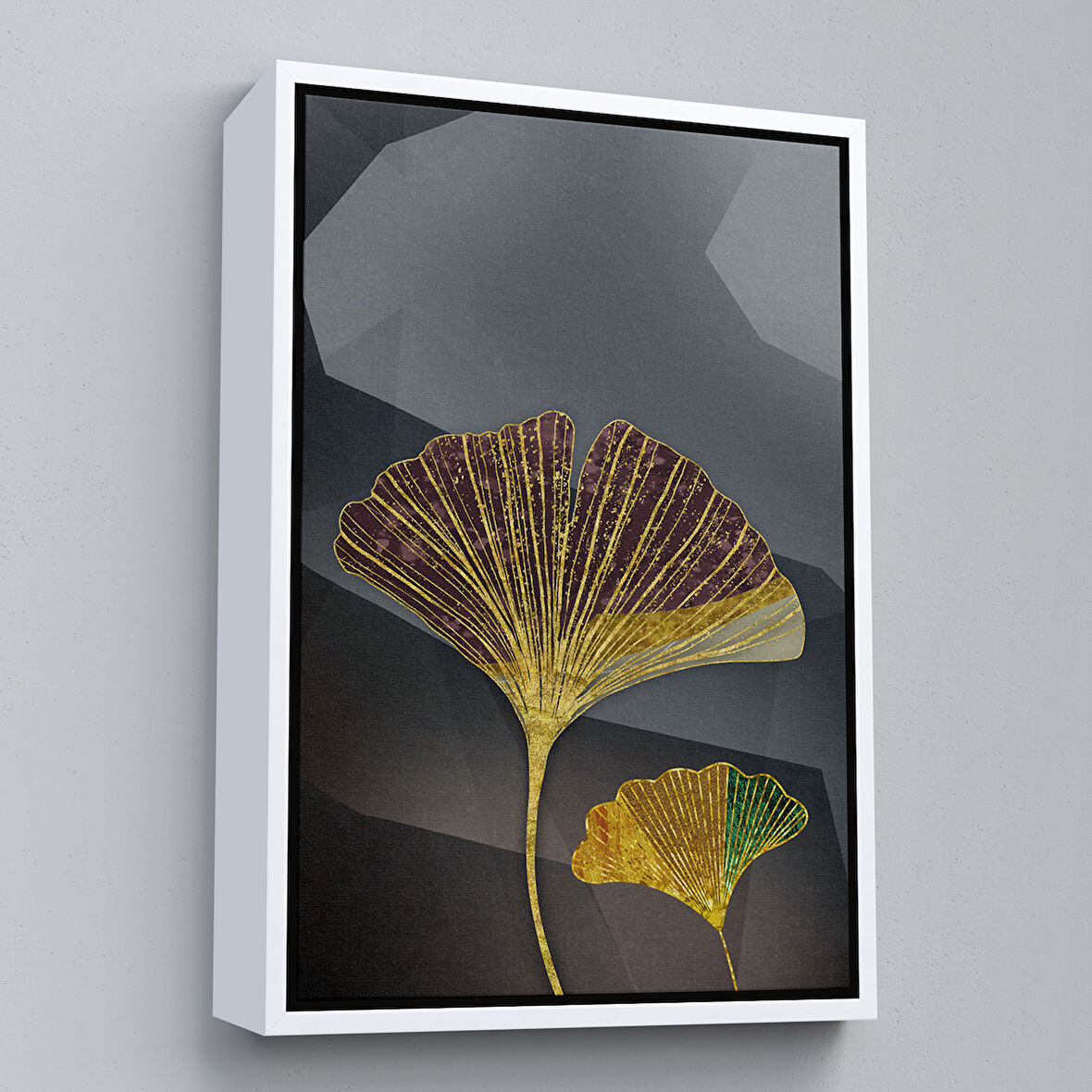 Beyaz Çerçeveli Modern Altın Yapraklar Tablosu