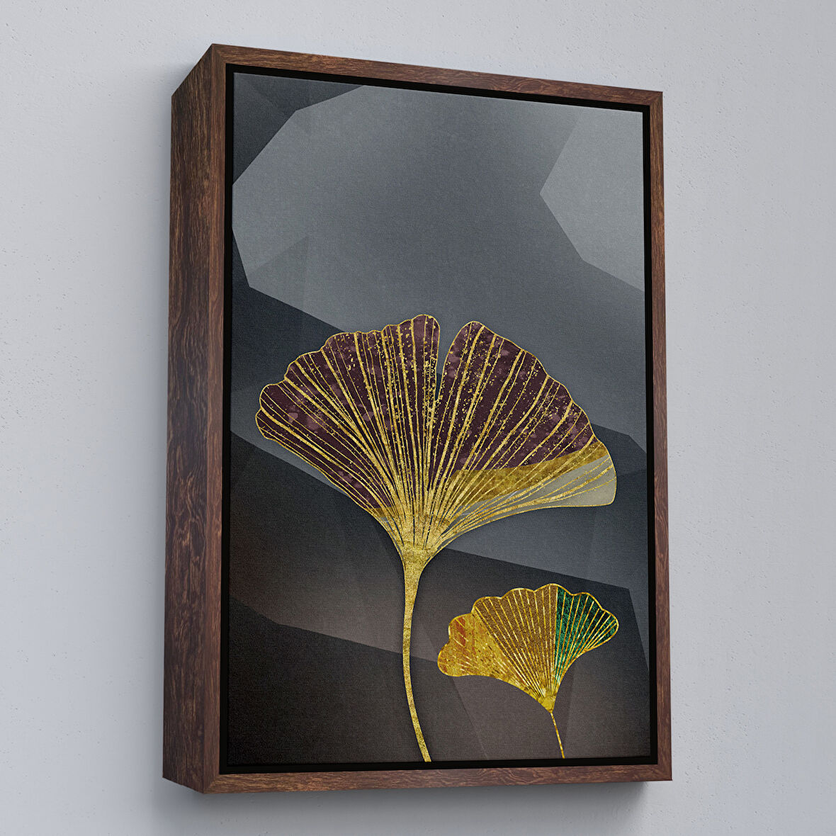 Kahverengi Çerçeveli Modern Altın Yapraklar Tablosu