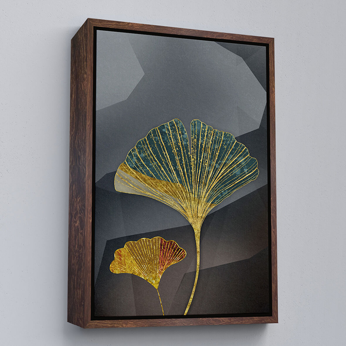 Kahverengi Çerçeveli Modern Altın Yapraklar Tablosu