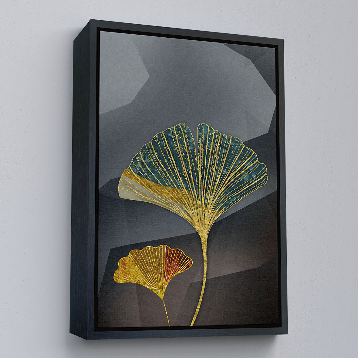 Siyah Çerçeveli Modern Altın Yapraklar Tablosu