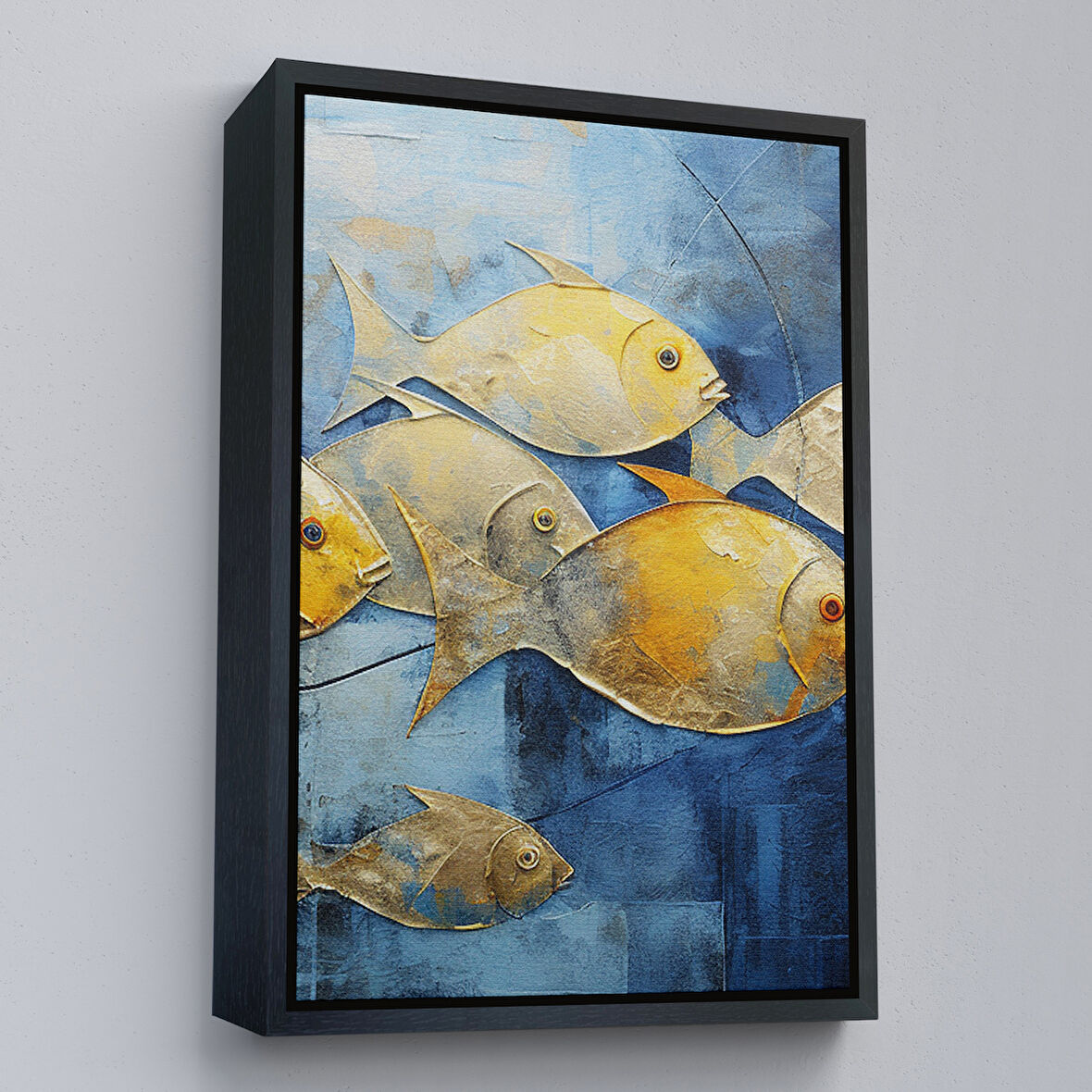 Siyah Çerçeveli Modern Altın Balıklar Tablosu