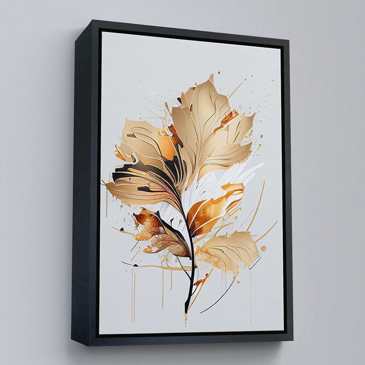 Siyah Çerçeveli Modern Altın Çiçekler Tablosu