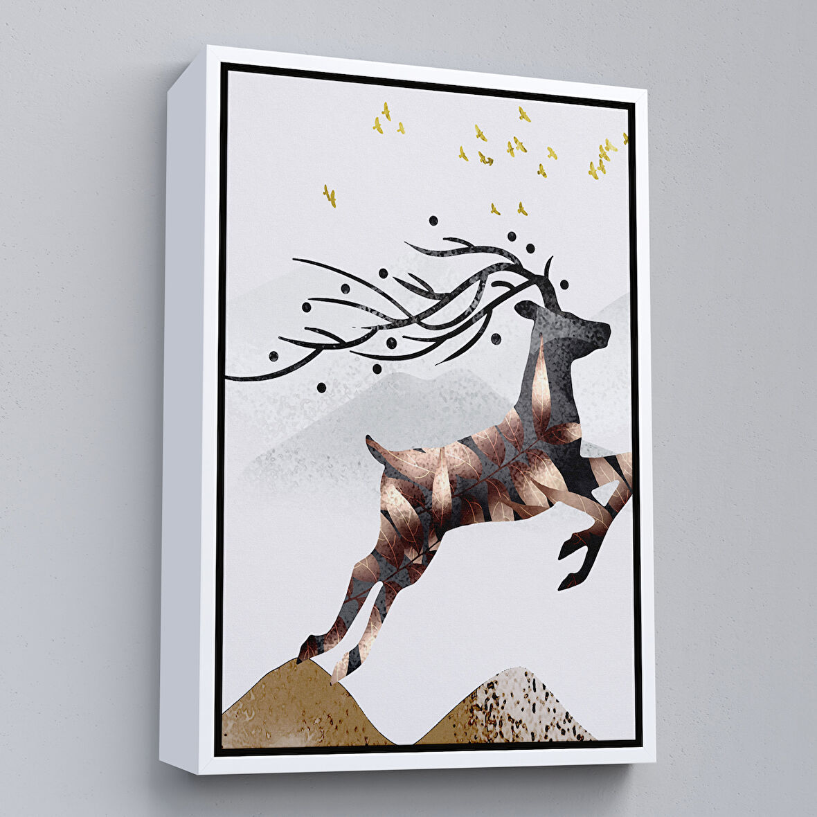 Beyaz Çerçeveli Modern Soyut Geyik Tablosu