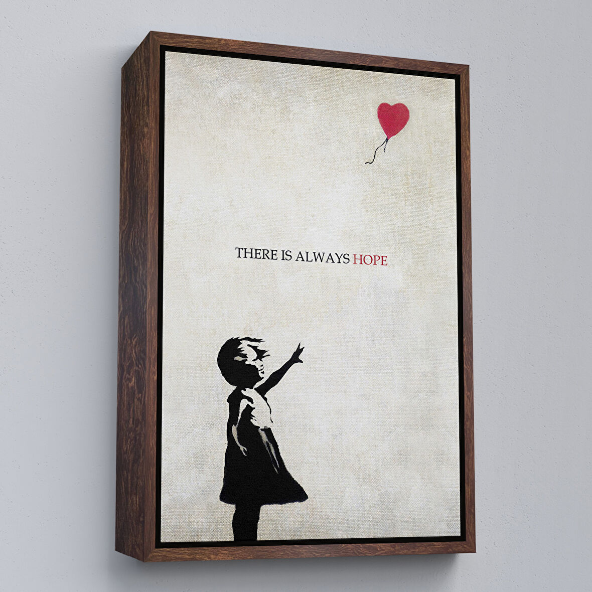 Kahverengi Çerçeveli Banksy Kırmızı Balonlu Kız Dekoratif Modern Kanvas Tablo