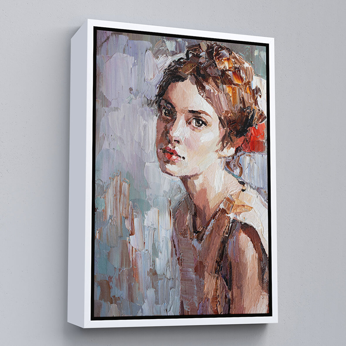 Beyaz Çerçeveli Masum Genç Kız ,Yağlıboya Görünümlü Kanvas Tablo