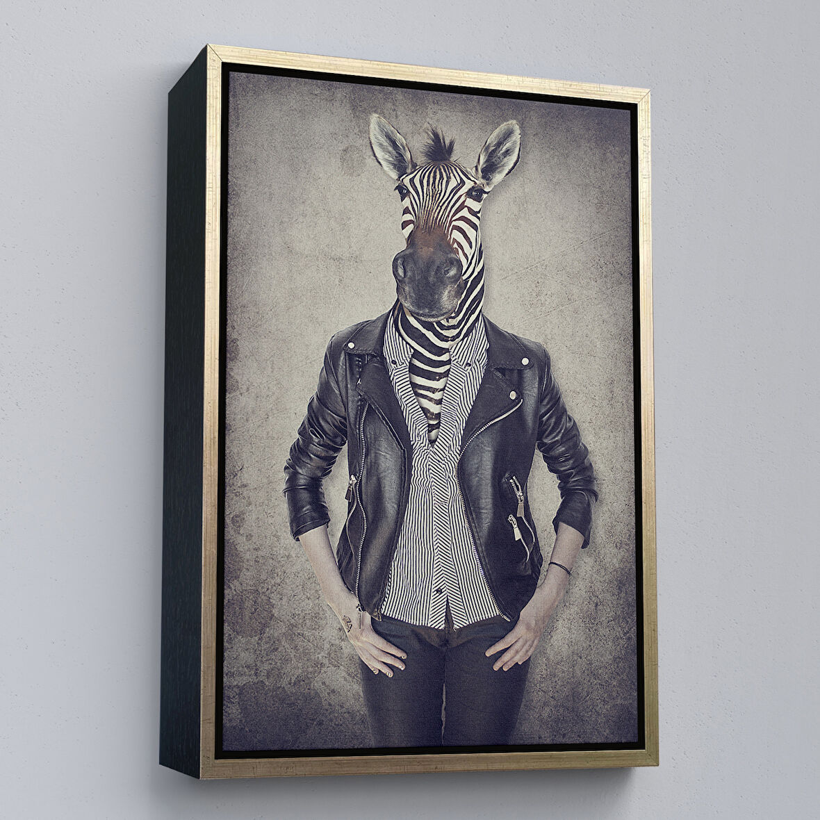 Altın Çerçeveli Zebra Kafalı İnsan Kanvas Tablo