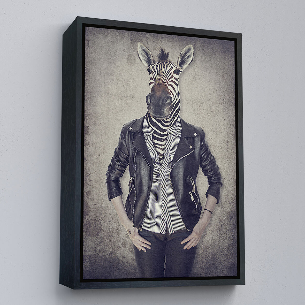 Siyah Çerçeveli Zebra Kafalı İnsan Kanvas Tablo