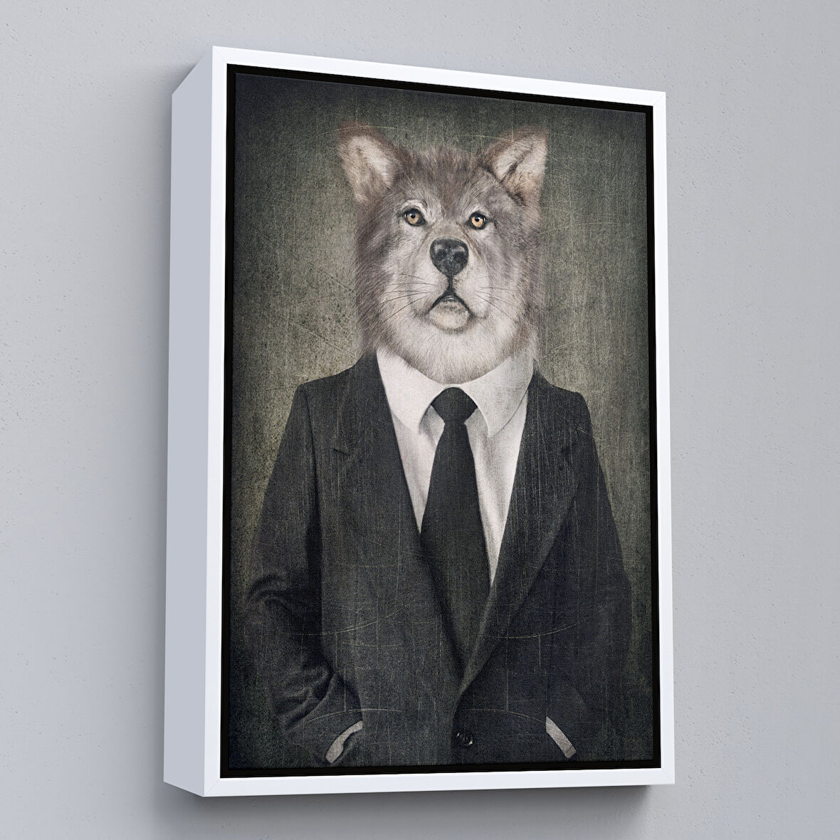 Beyaz Çerçeveli Köpek Kafalı İnsan Kanvas Tablo