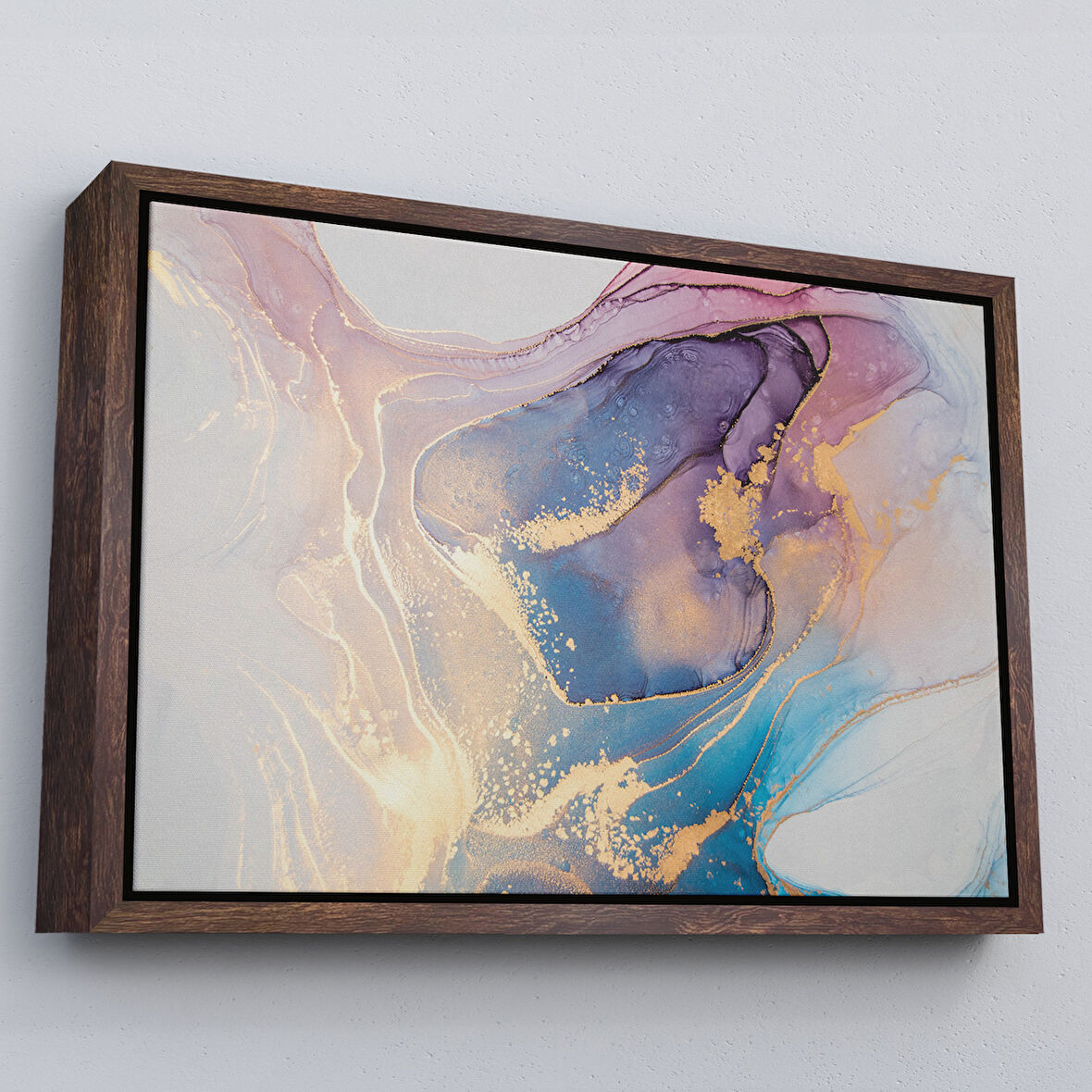 Kahverengi Çerçeveli Mürekkep ve Alkol Elementleri ile Mermer Deseni Verilmiş Kanvas Tablo