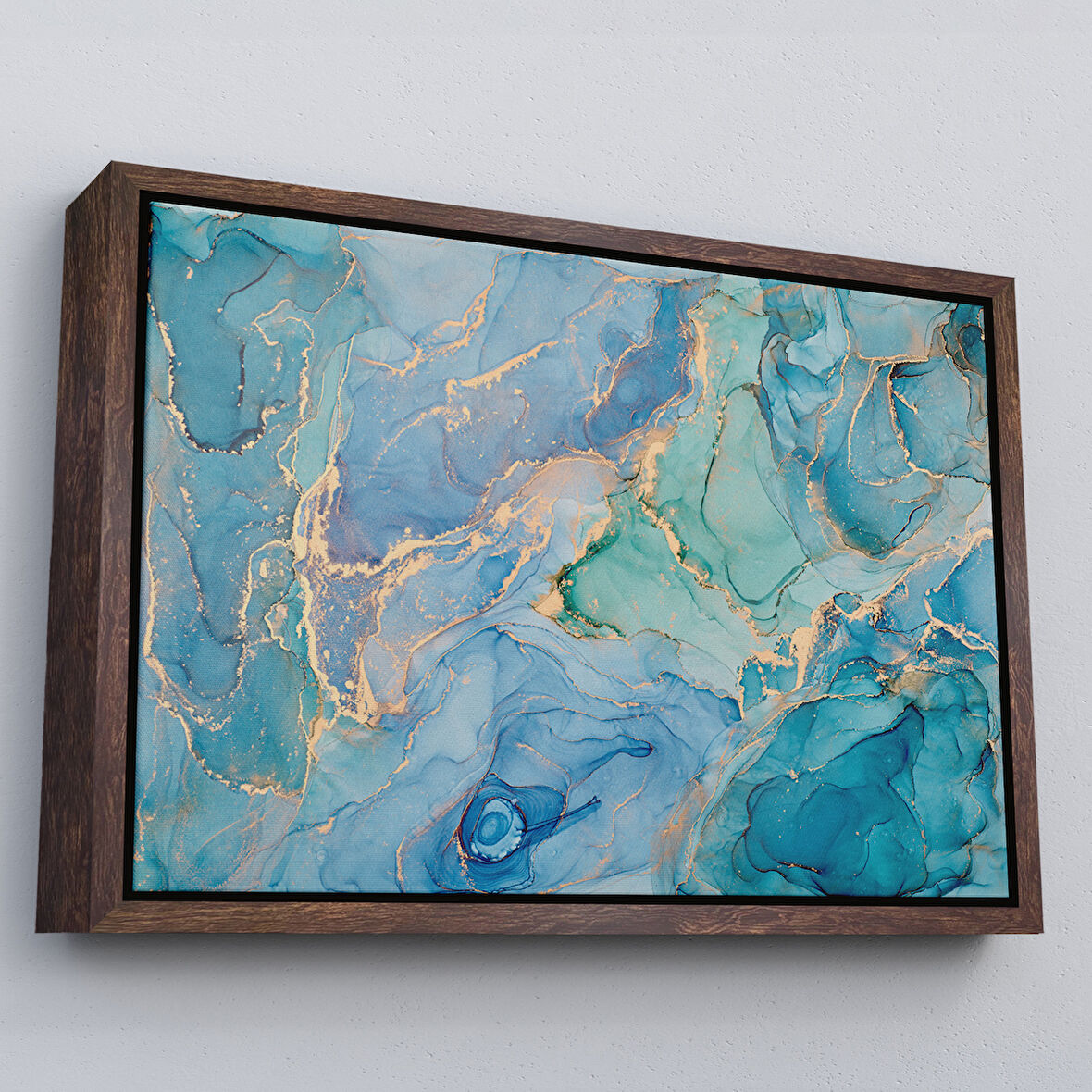 Kahverengi Çerçeveli Mürekkep ve Alkol Elementleri ile Mermer Deseni Verilmiş Kanvas Tablo