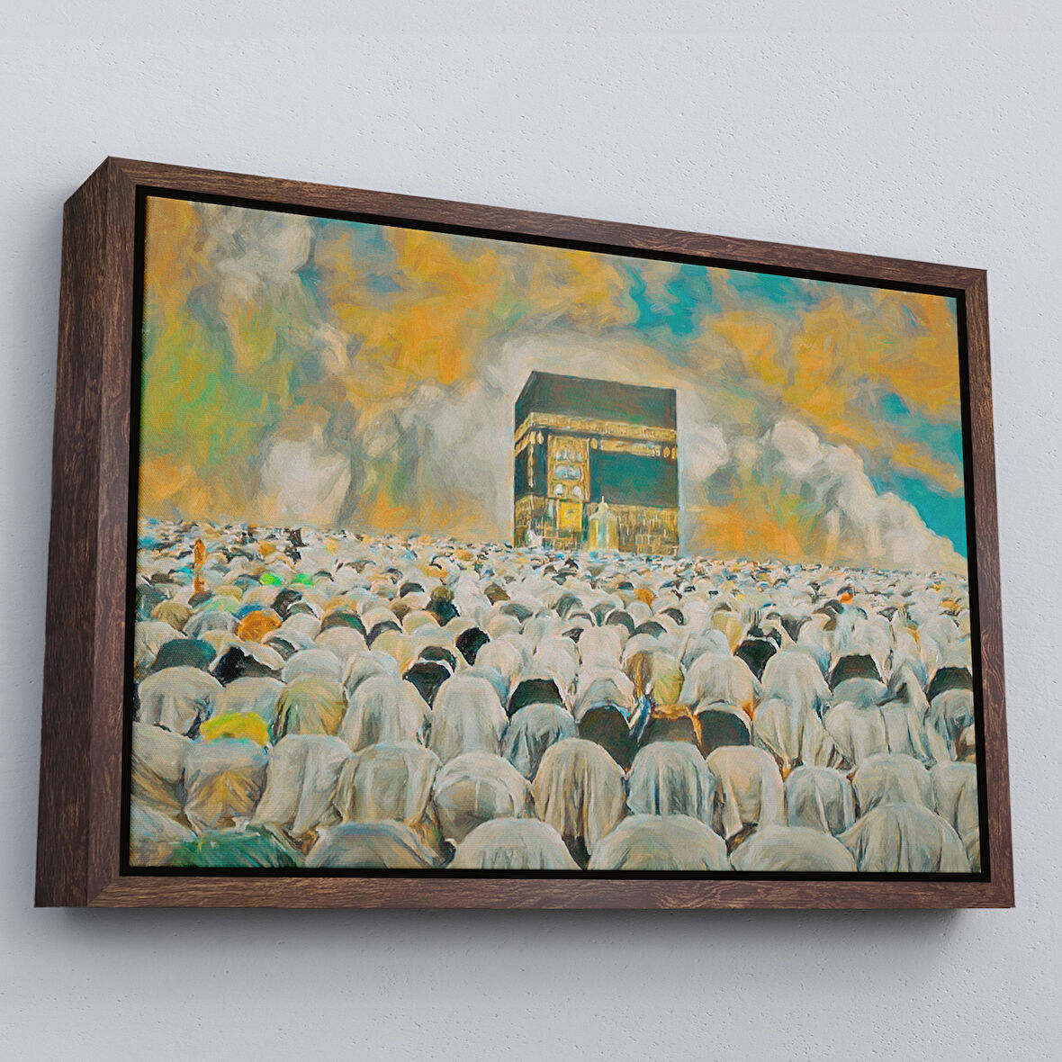 Kahverengi Çerçeveli Mekke Kabe'de Kılınan Namazın Muhteşem Görüntüsü Kanvas Tablo