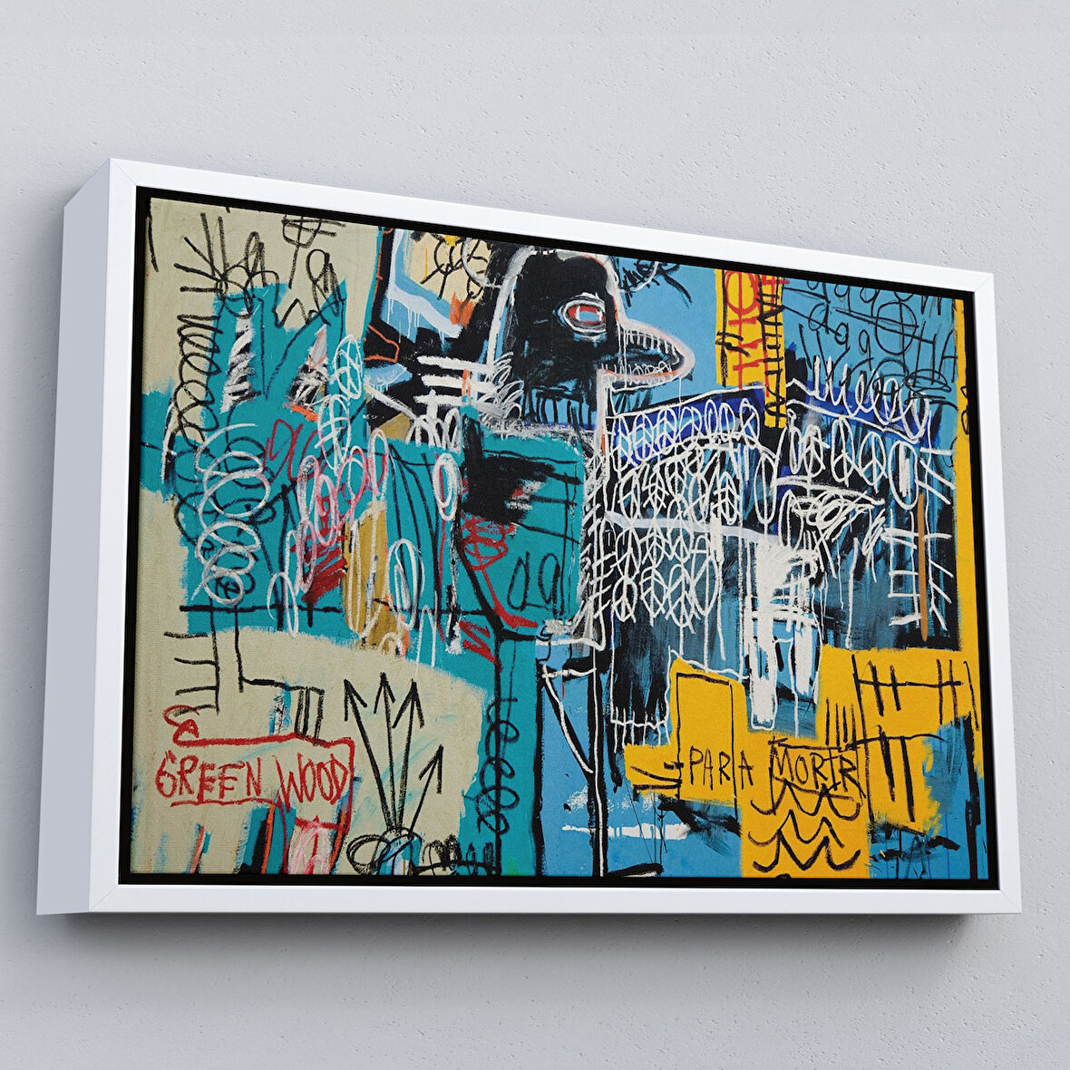 Beyaz Çerçeveli Jean Michel Basquiat Mavi Kuş Kanvas Tablo