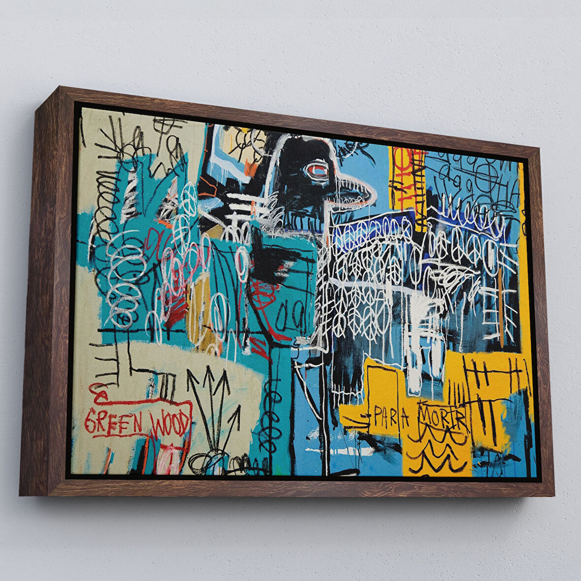 Kahverengi Çerçeveli Jean Michel Basquiat Mavi Kuş Kanvas Tablo