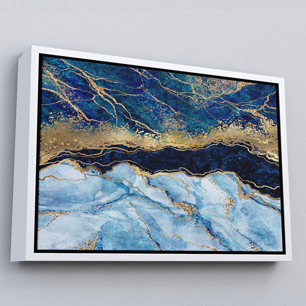 Beyaz Çerçeveli Mavi ve Gold'un Müthiş Uyumu Mermer Görünümlü Modern Kanvas Tablo