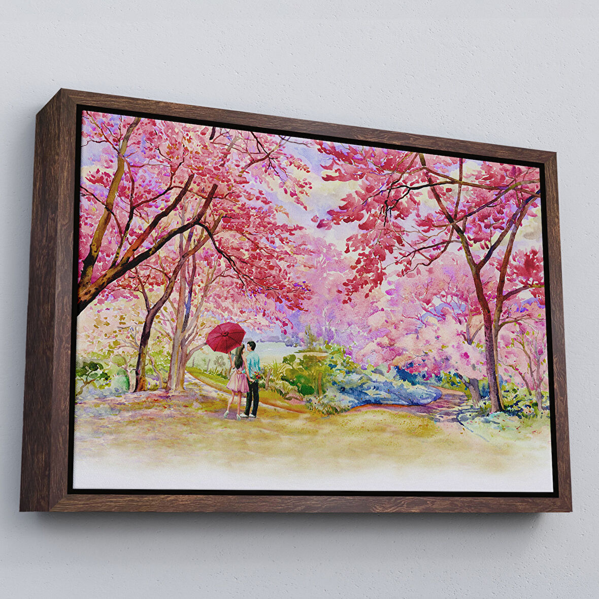 Kahverengi Çerçeveli Sakura Ağacının Altındaki Sevgililer Kanvas Tablo