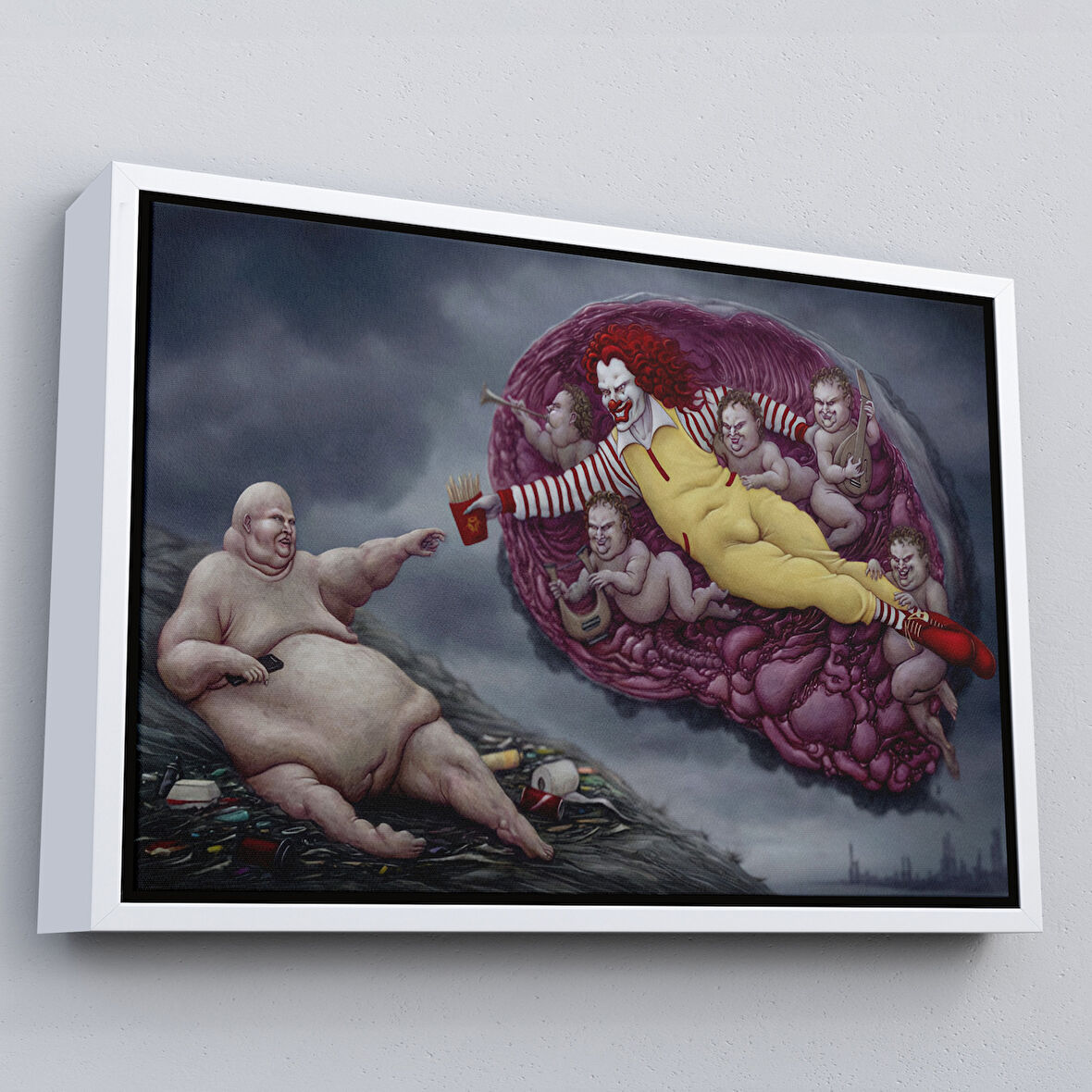 Beyaz Çerçeveli Ademin / Tanrının Eli Temalı Dönemin Kapitalizmini Vurgulayan Kanvas Tablo