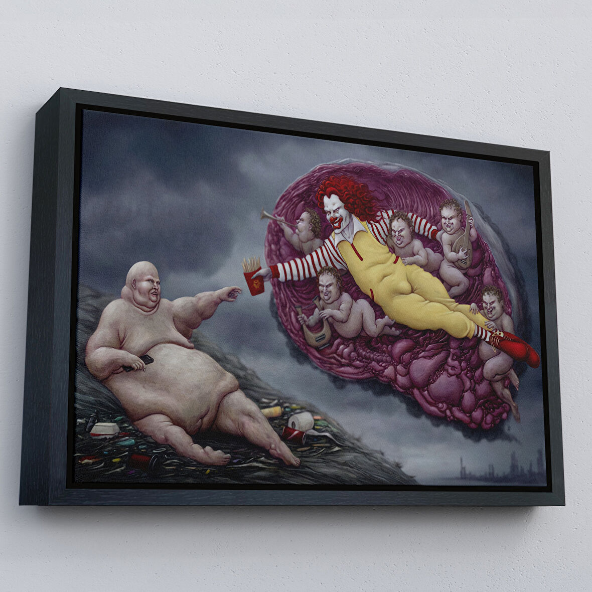 Siyah Çerçeveli Ademin / Tanrının Eli Temalı Dönemin Kapitalizmini Vurgulayan Kanvas Tablo