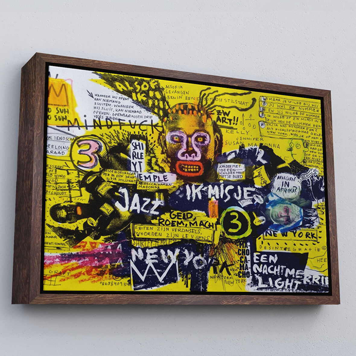 Kahverengi Çerçeveli Jean Michel Basquiat Şehir Sanatı Kanvas Tablo