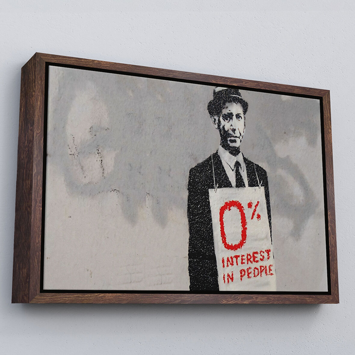 Kahverengi Çerçeveli Banksy % 0 Faiz Oranı İsimli Çalışması Kanvas Tablo / % 0 Interest In People