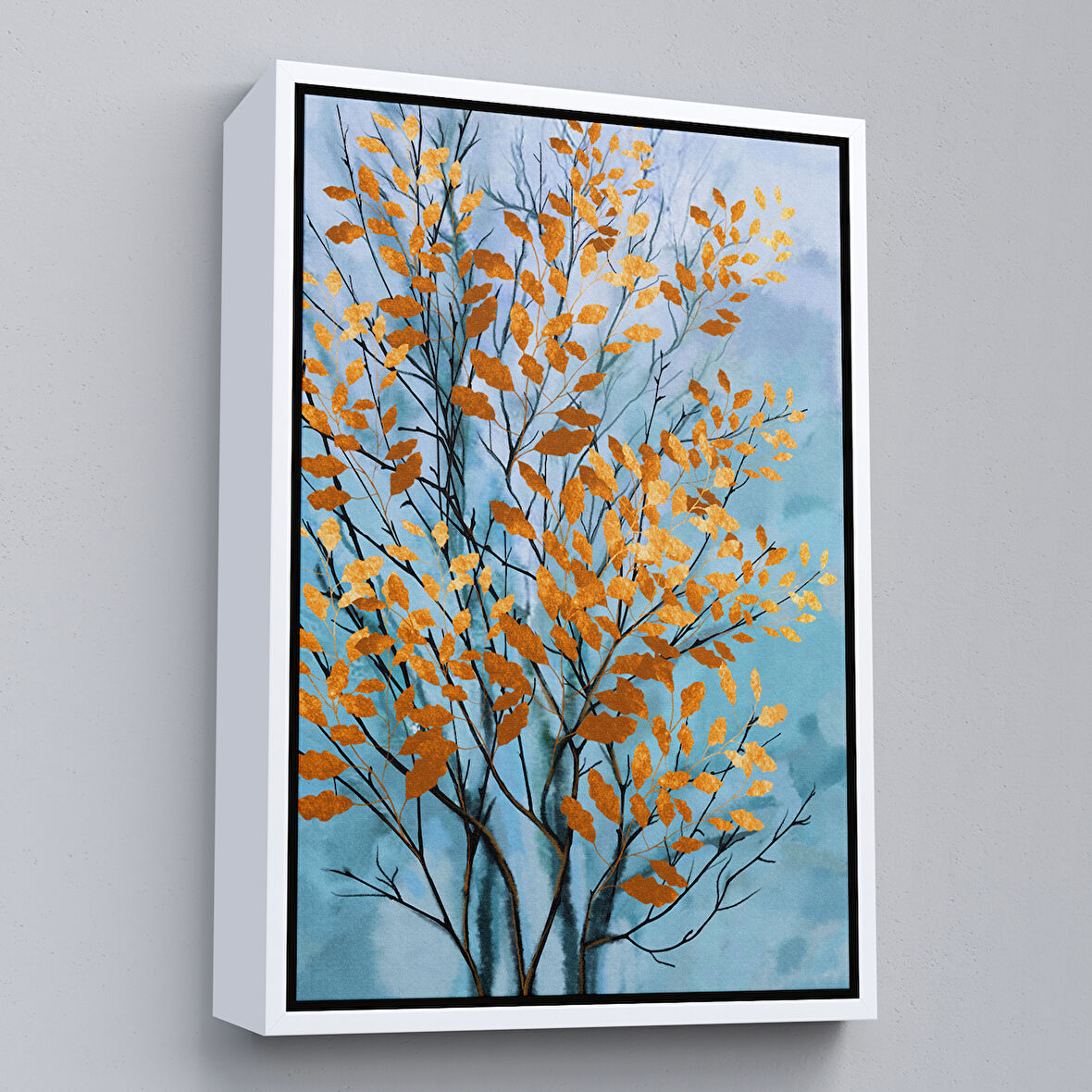 Beyaz Çerçeveli Turuncu Yapraklar Soyut Dekoratif Kanvas Tbalo