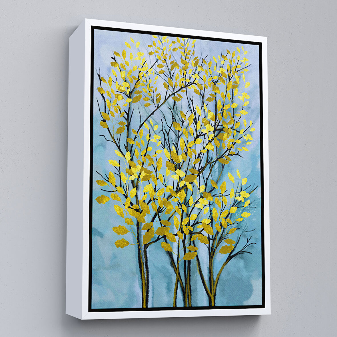 Beyaz Çerçeveli Sarı Yapraklar Soyut Dekoratif Kanvas Tablo