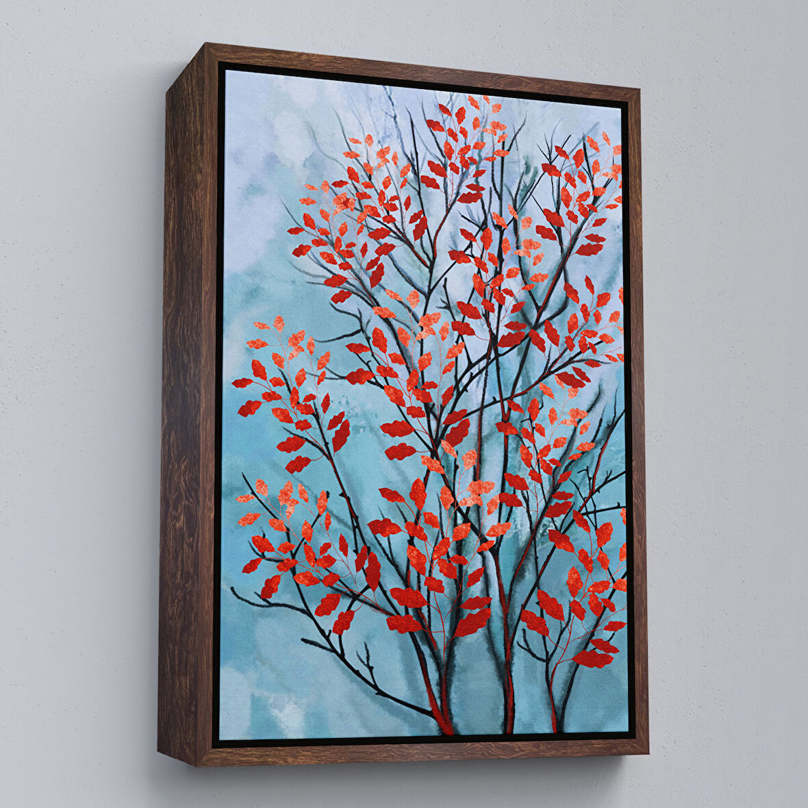 Kahverengi Çerçeveli Kırmızı Yapraklar Soyut Dekoratif Kanvas Tablo