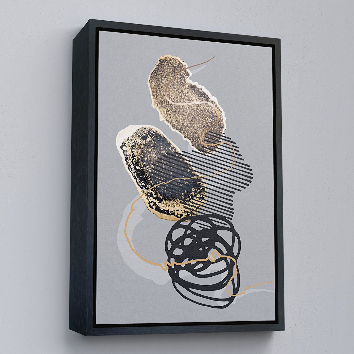 Siyah Çerçeveli Geometrik Formda Mürekkep ve Alkol Elementli Kanvas Tablo