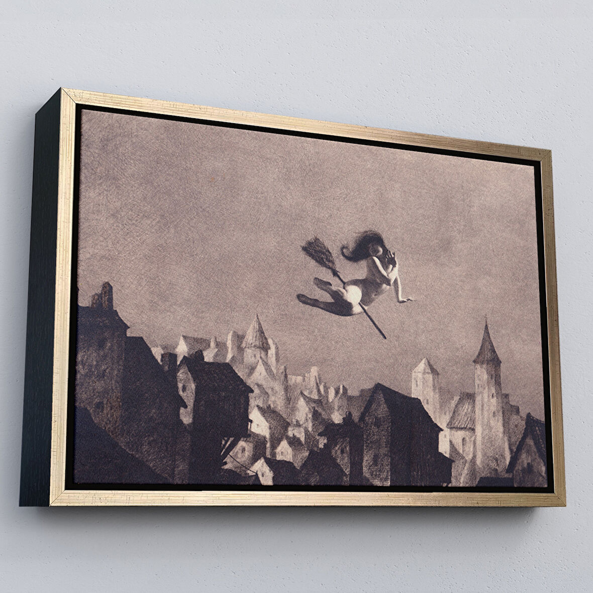 Altın Çerçeveli Süpürgedel Uçan Cadı, Dekoratif DuvarTablosu