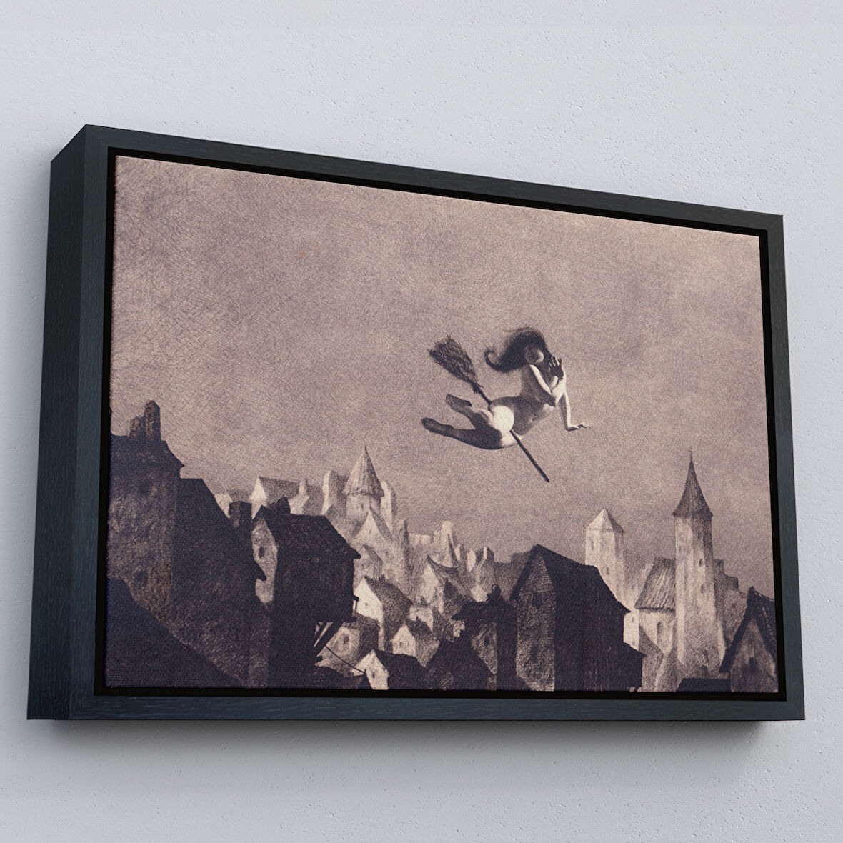 Siyah Çerçeveli Süpürgedel Uçan Cadı, Dekoratif DuvarTablosu