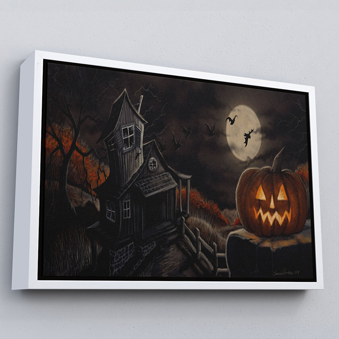 Beyaz Çerçeveli Perili Ev Cadılar Bayramı Dekoratif Duvar Tablosu