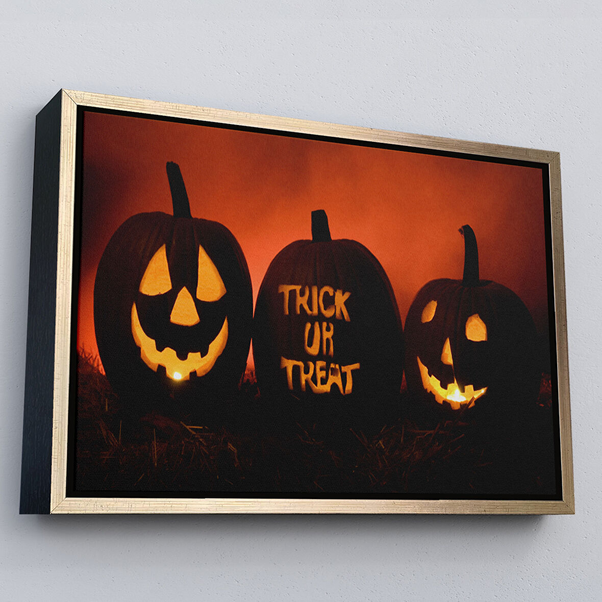 Altın Çerçeveli Cadılar Bayramı Korkunç Kabak Kanvas Dekoratif Duvar Tablosu