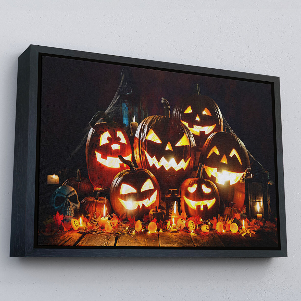 Siyah Çerçeveli Cadılar Bayramı Korkunç Kabak Kanvas Dekoratif Duvar Tablosu