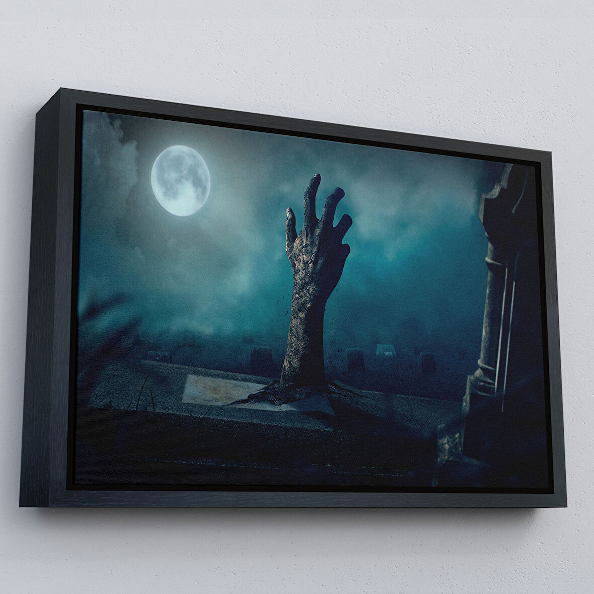 Siyah Çerçeveli Mezarlık Dirilmiş El Cadılar Bayramı Mezardan Çıkan El Dekoratif Duvar Tablosu