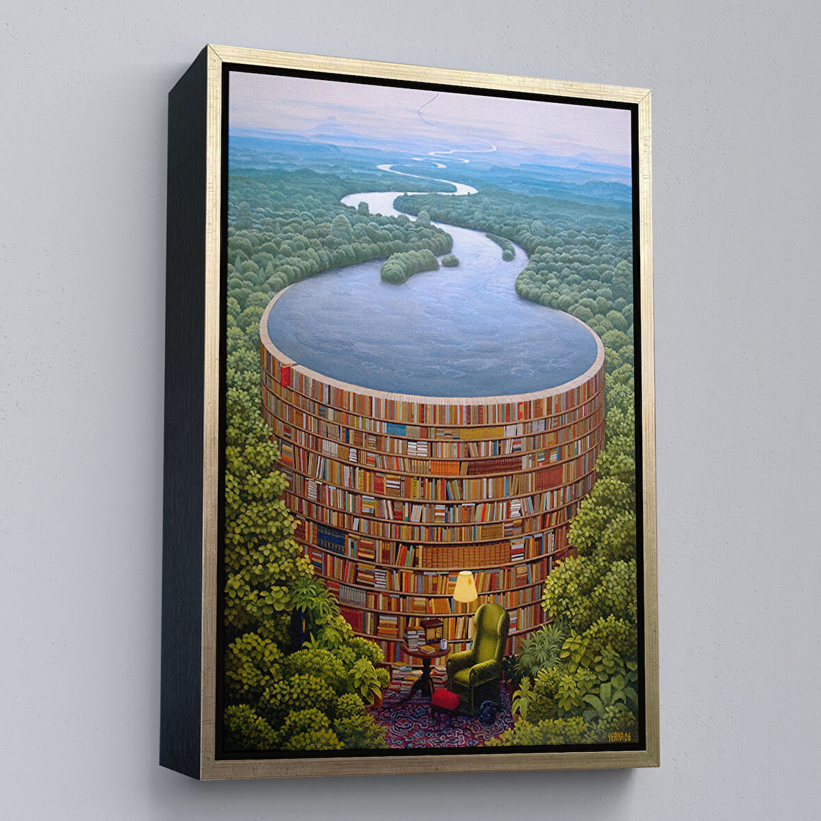 Altın Çerçeveli Gerçeküstü Bir Kütüphane Kanvas Tablo, Çalışma Odası Hediyesi, Kütüphane Posteri