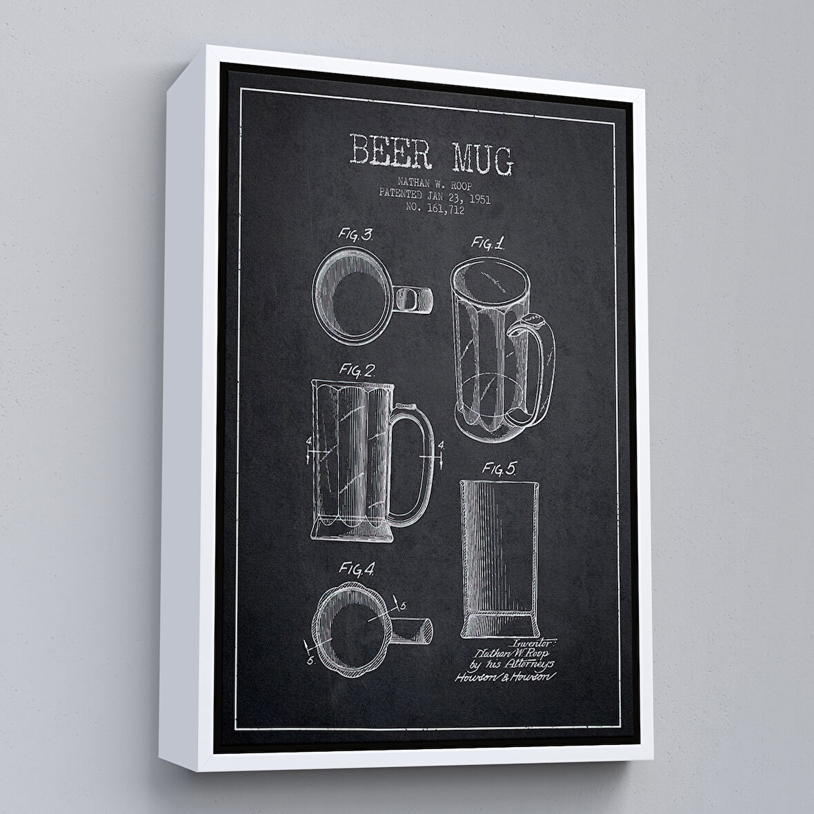 Beyaz Çerçeveli 1951 tarihli Bira Bardağı Patent Çizimi Dekoratif Kanvas Duvar Tablosu