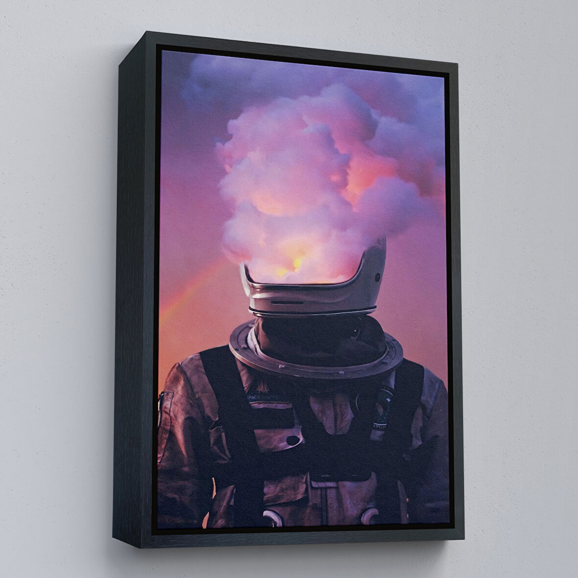 Beyaz Çerçeveli Beyni Yakılan Astronot Kanvas Tablo, Gerçeküstü Pop Art Kanvas Tablo