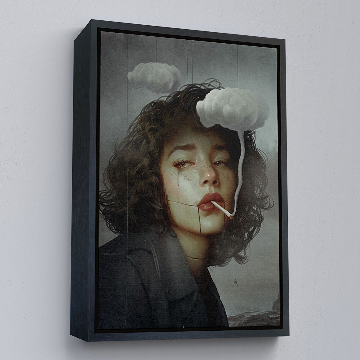 Siyah Çerçeveli Gerçeküstü Sanat Eserleri Bulut ve Duman Tuvalı Kanvas Tablo