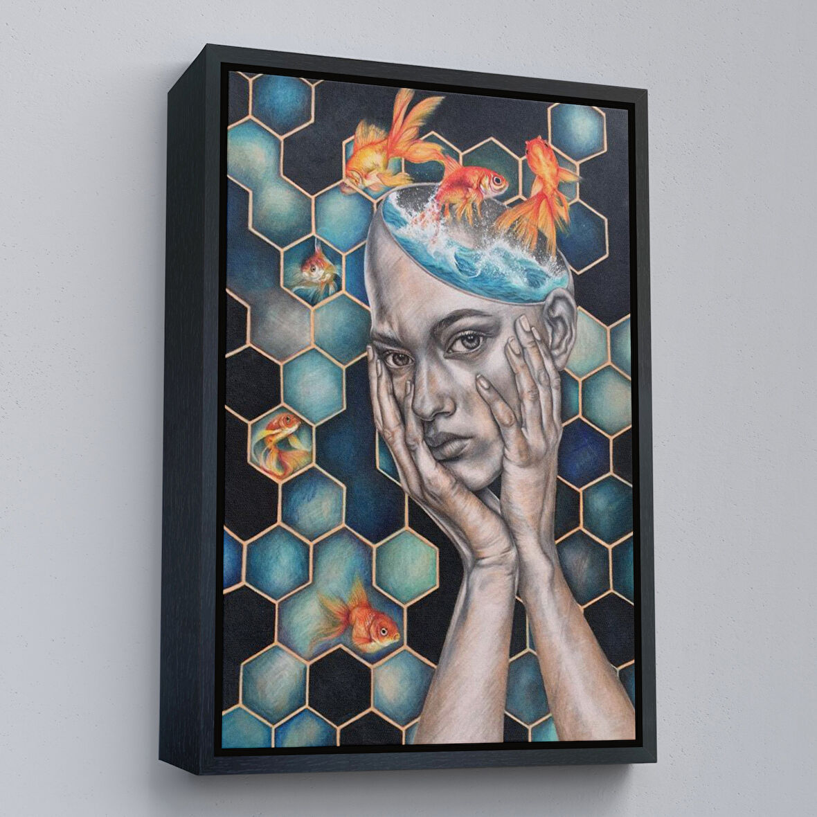 Siyah Çerçeveli Gerçeküstü Kadın ve Balık Kanvas Duvar Sanatı, Yeni Nesil Kanvas ablo