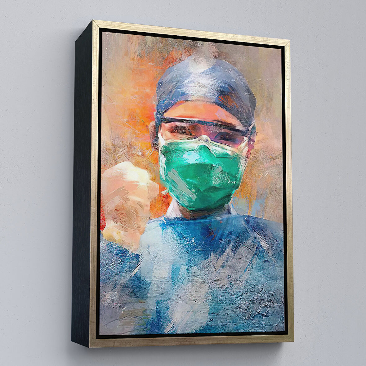 Altın Çerçeveli Covid 19 Dövüşen Soyut Hemşire Portresi, Tıbbi Soyut Kanvas Tablo